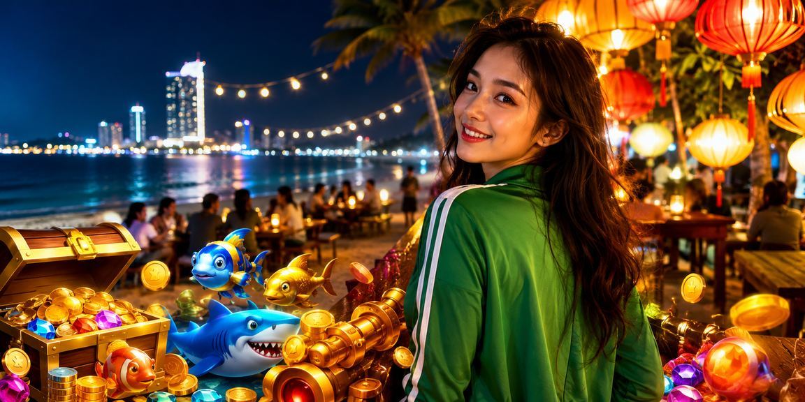 Cảnh người chơi bắn cá dưới ánh đèn lồng Hội An trong không gian giải trí buổi tối