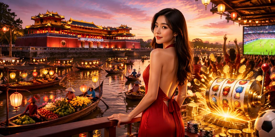 Người dùng chơi slot game trên bãi biển Huế trong buổi chiều tà nhẹ nhàng